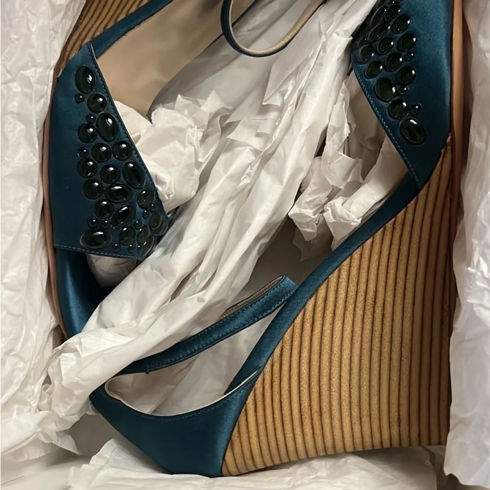Blue Wedge Sandals with Braided Strap and Adjustable Ankle